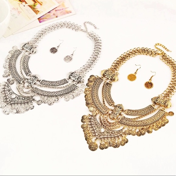 NEW Gold Bohemian Coin Statement Collar Necklace - Picture 2 of 3